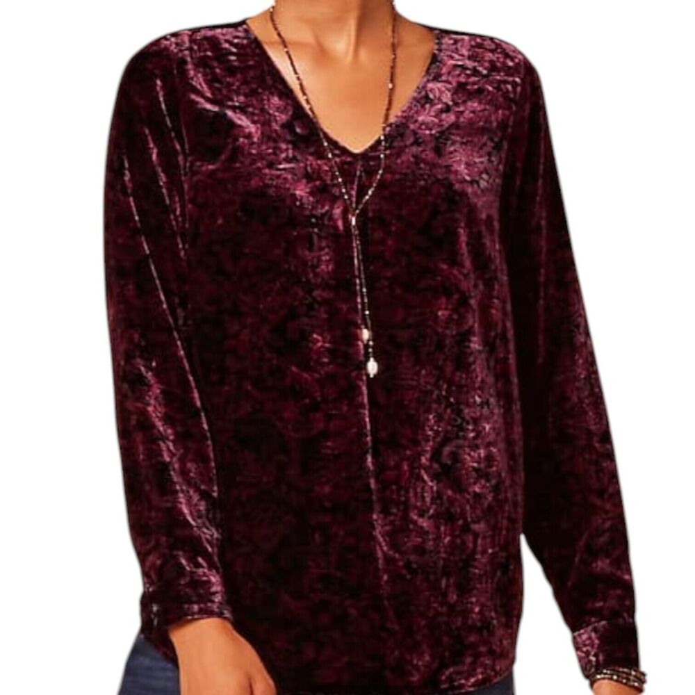 J Jill Crushed Velvet Deep Purple Paisley V-Neck‎ Whimsigoth Tunic Blouse Top M